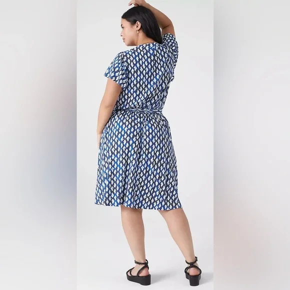 Lane Bryant Blue & White Ikat Dress - Belted - Flutter Sleeves - Plus Size 22/24 - Picture 5 of 9